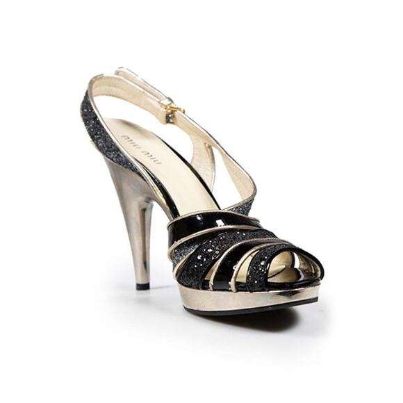 MIU MIU Designer EU 36 US 6 Black Silver Sparkle Slingback Heels Holiday Festive - Picture 1 of 9